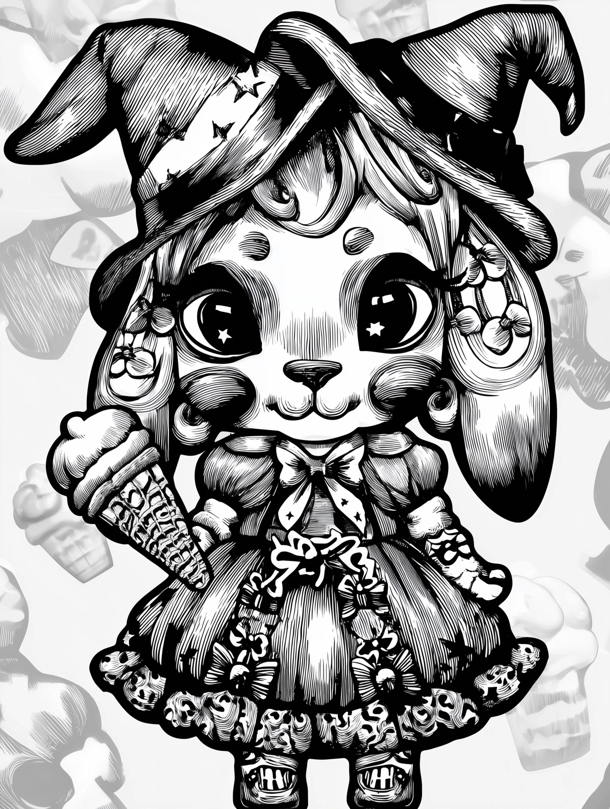 Free printable rabbit coloring page for adults featuring a bunny in a dress with ice cream